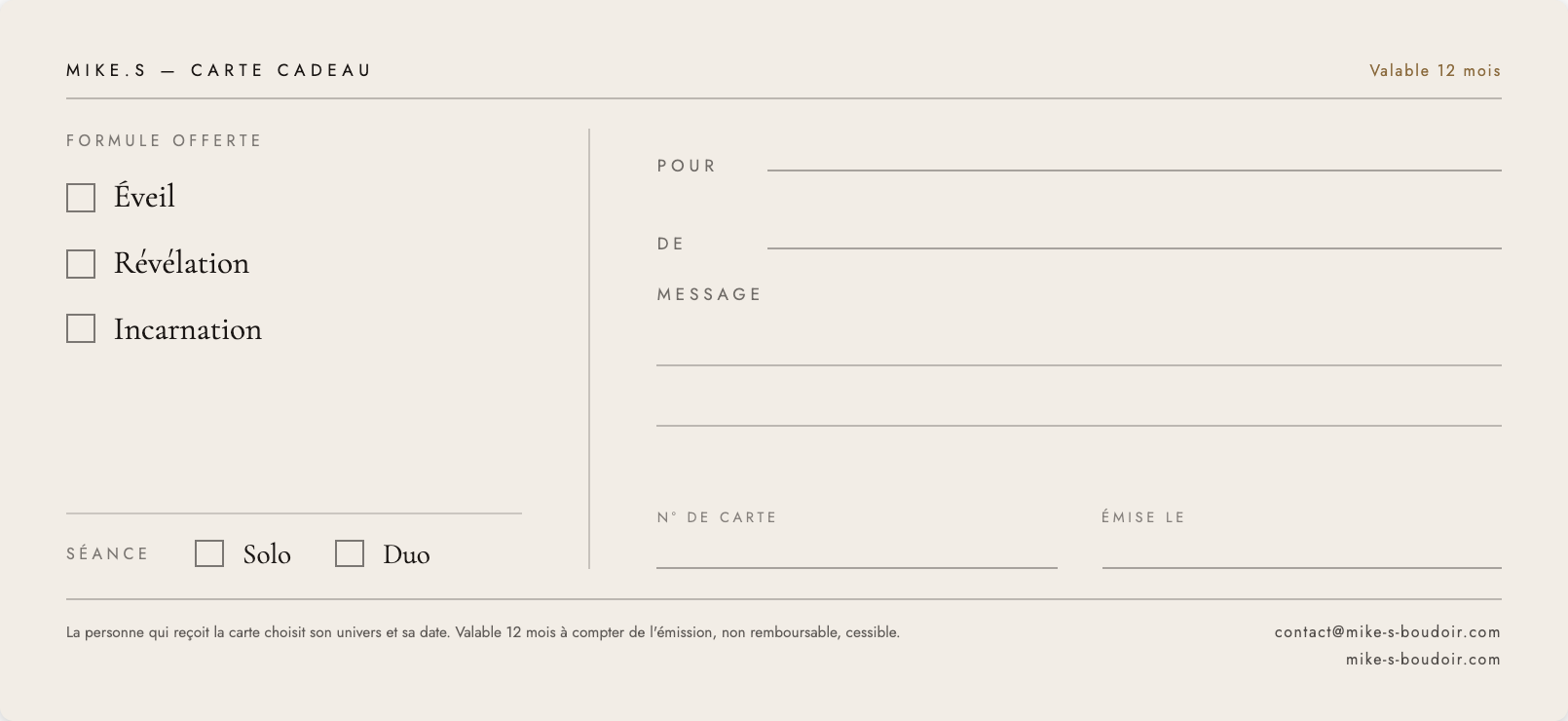 Carte cadeau Mike.S — verso, avec champs à compléter